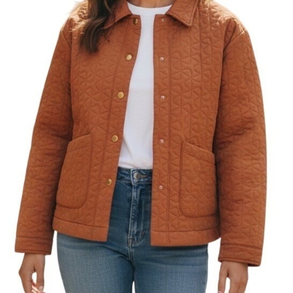 Newin Quilted Snap Front Jacket Rust Orange Geometric Pattern Long‎ Sleeve